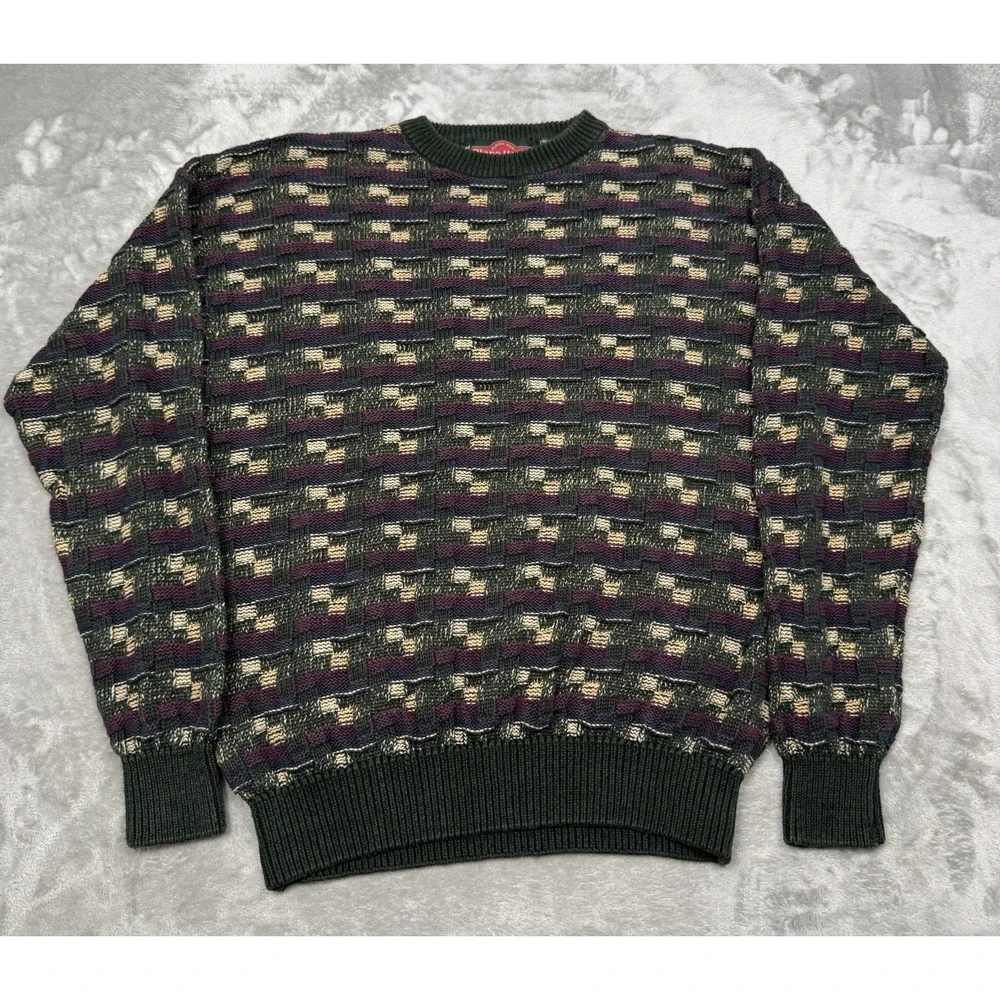 Vintage Stone Haven Sweater Large 3D Textured Knit Wool Coogi Style Grandpa 80s
